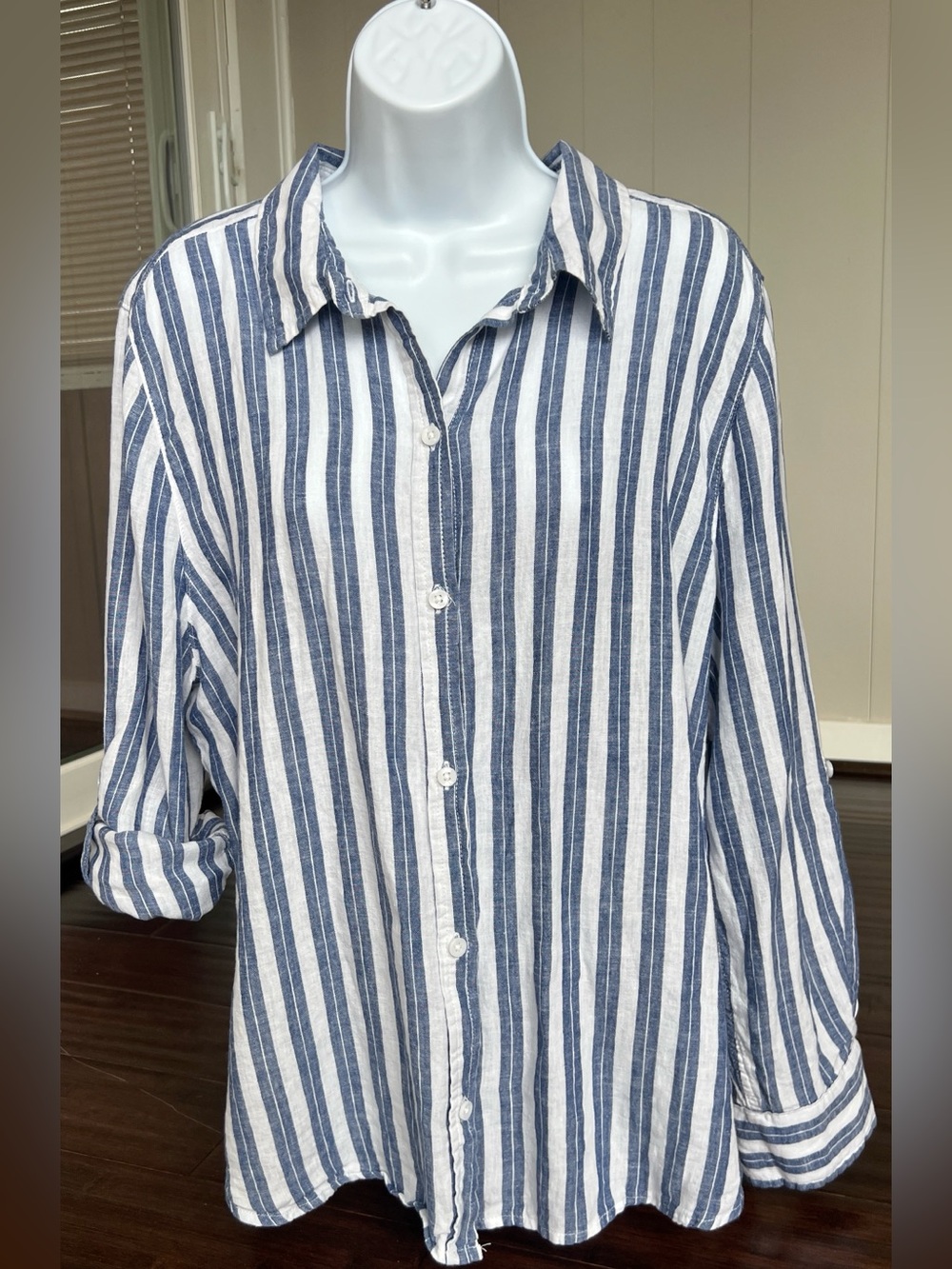 LOLA RIVER Linen Blend Shirt Women XL Blue White Striped  Roll Tab Sleeve Blouse